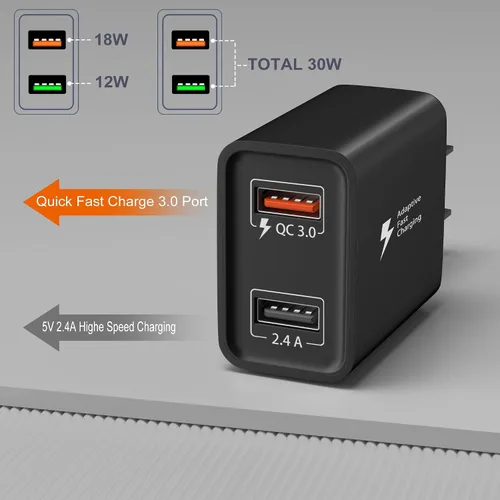 Vista 2 de Cargador de pared 3.0 de carga rápida rápida, Costyle 30 W, enchufe de pared USB de doble puerto, 5 V, 2.4 A, bloque de carga rápida de alta