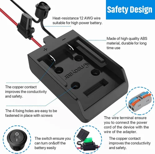 Vista 6 de Adaptador de rueda eléctrica con fusible e interruptor para batería Dewalt de 20 V, adaptador de batería hermético no soplado con fusible de 30 A