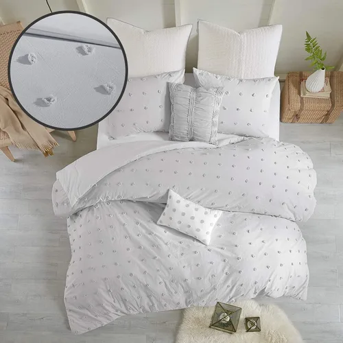 Vista 18 de Intelligent Design - Juego de edredón de algodón con mechones jacquard y diseño de pompones para todas las estaciones, con fundas a juego, almohadas