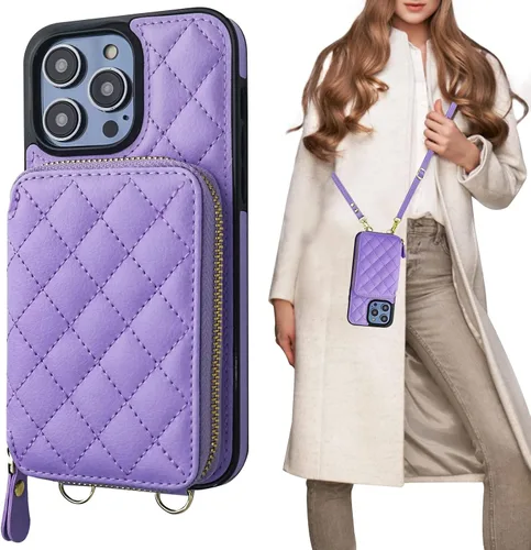 Vista 11 de Bocasal Funda tipo cartera cruzada para iPhone 14 Pro Max, con bloqueo RFID, de piel sintética, con cremallera, funda tipo cartera con función atril