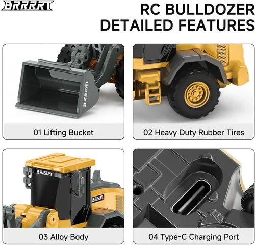 Vista 4 de BRRRRT 1/64 RC Bulldozer juguete, vehículos de construcción RC de proporción completa soporta empuje, levantamiento, movimiento, aleación de carga