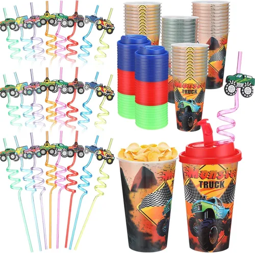 Vista 21 de Yungyan 16 juegos de tazas de golosinas con tapas y pajitas para decoraciones de cumpleaños, reutilizables, 16 onzas, vasos de plástico para dulces