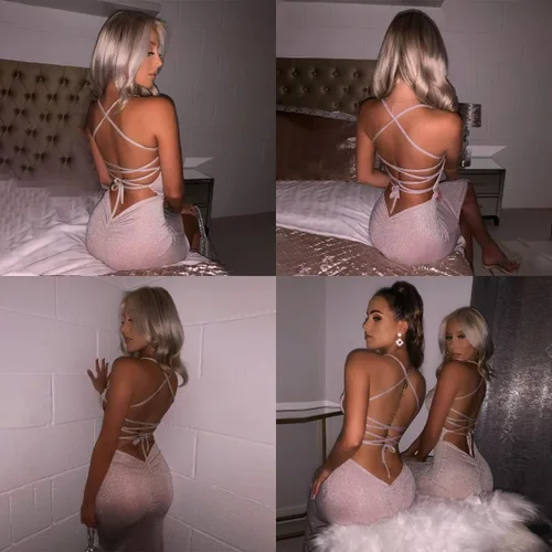 Vista 5 de Vestido largo sexy con tirantes delgados con purpurina para mujer, con cordones, espalda descubierta, con abertura alta, para fiesta, club nocturno