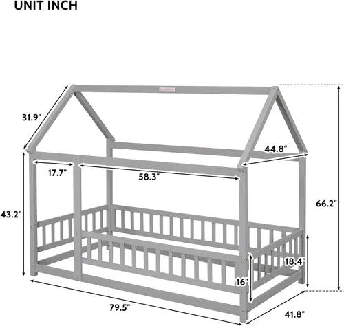 Vista 2 de Cama individual de madera con barandilla de valla para niños y niñas, tienda de campaña con toldo con techo (gris)