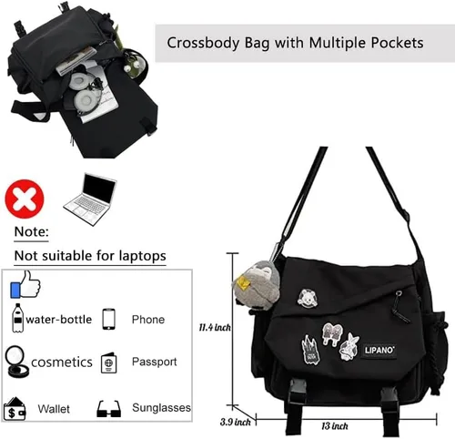 Vista 5 de Bolso cruzado estético con bonitos pines y adornos, bolsa de mensajero de nailon para el hombro, bolsa japonesa Kawaii para mujeres y hombres