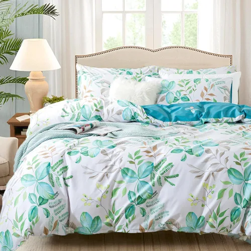 Vista 14 de FADFAY Juego de funda de edredón floral 100% algodón a rayas verdes y beige, ropa de cama de flores desgastadas con diseño de ramas botánicas