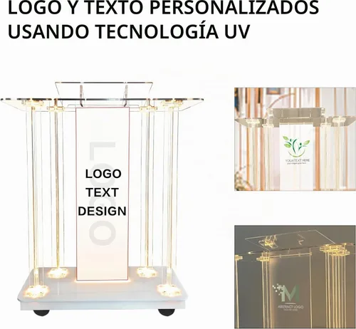 Vista 2 de Púlpito de Iglesia Personalizable con Logo y Texto, Atril con Soporte, Podium Transparente de Acrílico LED con Ruedas y Plataforma de Lectura