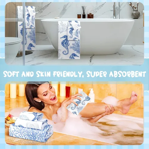 Vista 4 de VitalCozy Juego de 6 toallas de mano de playa para baño, diseño de conchas costeras, estrellas de mar náuticas, toallas de baño para cocina, baño