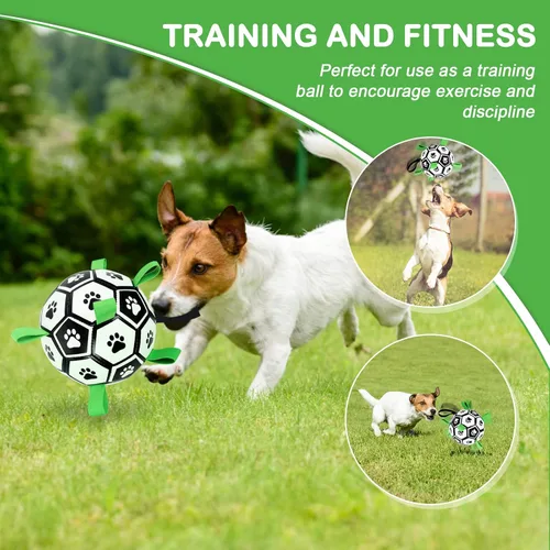 Vista 3 de Juguetes para perros con correas, pelota de fútbol de 6" Copa del Mundo, juguetes interactivos para perros para tirón de guerra, juego de jardín