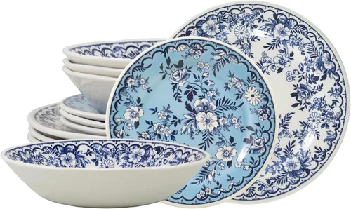 Vista 31 de Tudor Royal - Juego de vajilla redonda de porcelana de 12 piezas, servicio para 4, diseño botánico, flores de verano, platos, cuencos, brillante