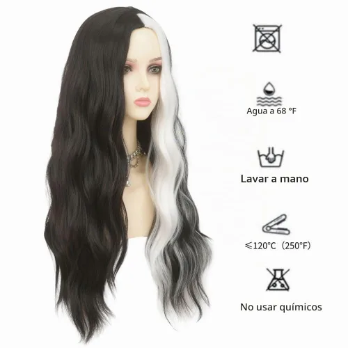 Vista 3 de Pelucas largas rizadas y onduladas de Dai Cloud, con cabello negro y reflejos blancos, de pelo sintético, resistente al calor, para mujer, para uso