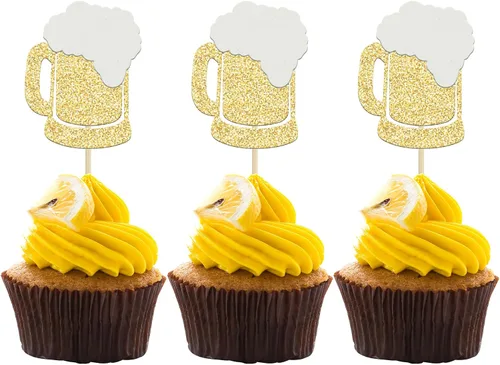 Vista 10 de Gyufise 24 piezas de decoración para cupcakes de Cheers and Beers - Taza de cerveza con purpurina negra para cupcakes, baby shower, cumpleaños