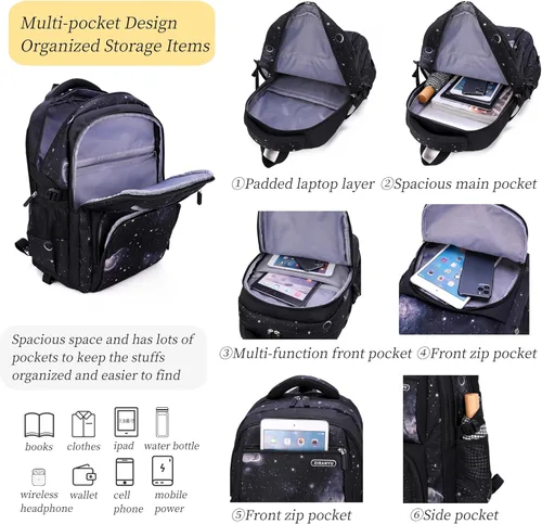 Vista 5 de Mochilas con ruedas para niños, equipaje para niños, bolsas con ruedas para niños, bolsas escolares, bolsas espaciales, cielo estrellado, bolsa