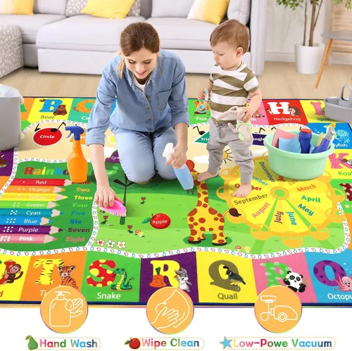 Vista 6 de Chicrug Alfombra educativa para niños de 3 x 5 pies para sala de juegos, TPR antideslizante para niños, alfombra de aula para aprender animales ABC