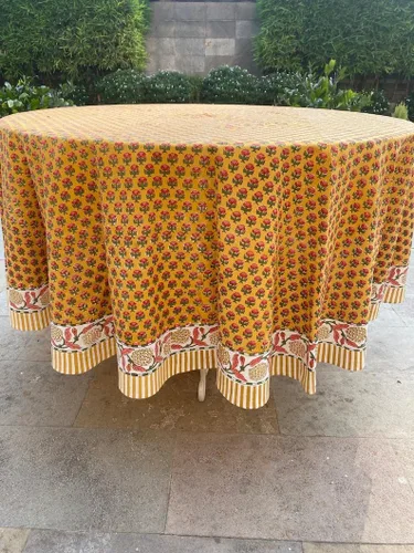 Vista 35 de Mantel redondo con estampado de bloque a mano, 100% algodón, reutilizable, color verde espárragos, 60 pulgadas, mantel decorativo para uso diario