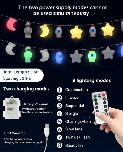 Vista 2 de AceList Guirnalda de 20 luces LED con temática espacial con astronautas, cohetes, estrellas y lunas, funciona con USB y pilas con control remoto
