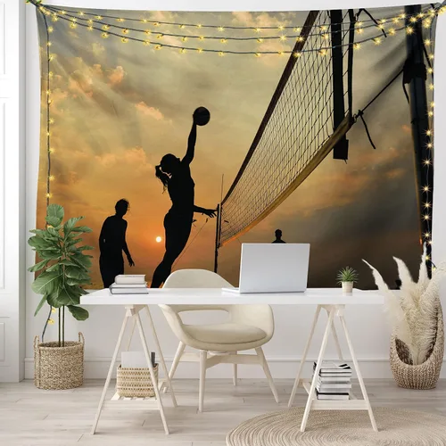 Vista 7 de Lunarable Tapiz de voleibol, deportes de playa al atardecer, red de cielo abierto y actividades de pelota, diversión y juegos, decoración de tela