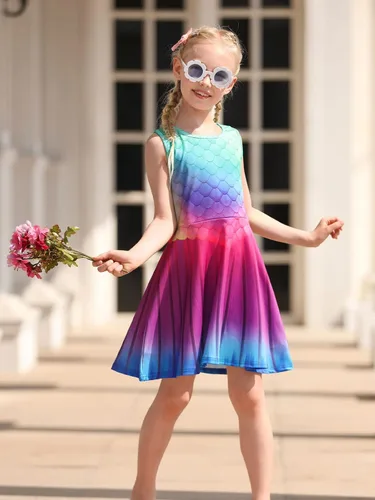 Vista 2 de Funnycokid - Vestido sin mangas informal estampado de fiesta para niñas de 4 a 13 años