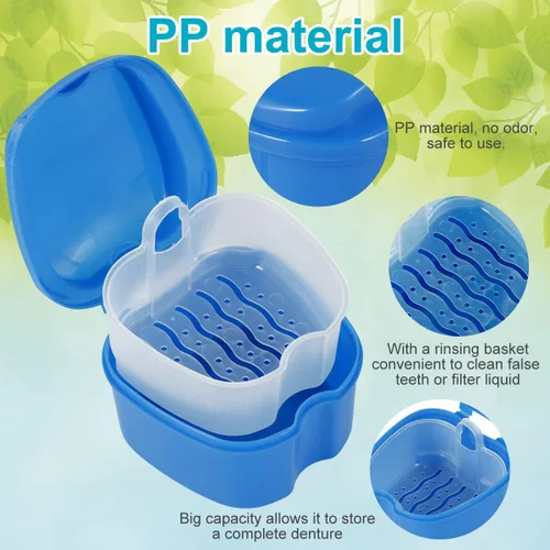 Vista 2 de Estuche de dentadura para dentadura postiza, caja de almacenamiento de dientes falsos con cesta de enjuague, caja de almacenamiento portátil