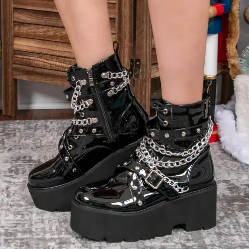 Vista 8 de Parisuit Botines góticos de charol para mujer, con plataforma, tacón alto grueso, con cordones, botas de combate punk, botas cortas