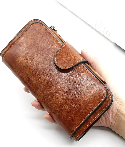 Vista 2 de Cartera de cuero para mujer, monedero de embrague para tarjetas de crédito, soporte para monedas, plegable, Cera de Aceite Marrón, Classic
