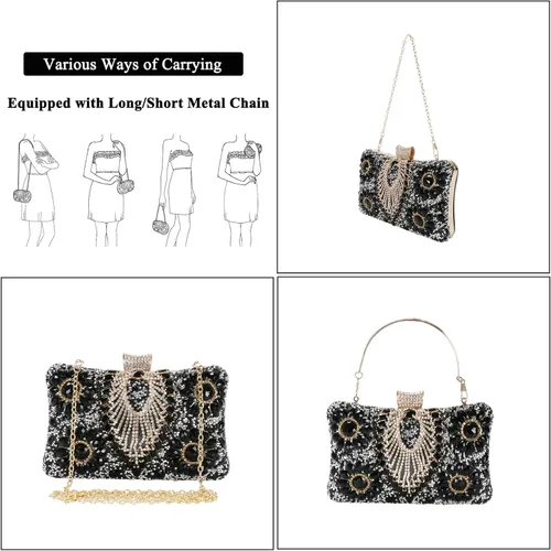 Vista 6 de COAIMANEY Bolso de mano de lentejuelas brillantes con diamantes de imitación para mujer, bolso de mano de noche, bolso de hombro para boda, fiesta