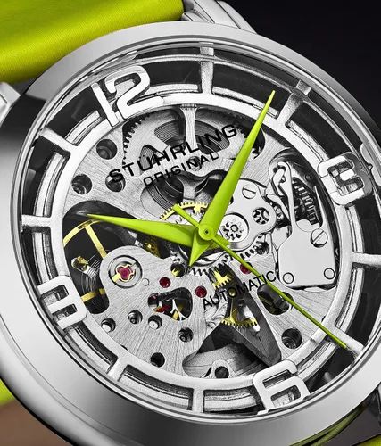 Vista 6 de Stuhrling Original Relojes para mujer Reloj automático - Reloj de esqueleto para mujer - Relojes de vestir para mujer con esfera plateada y correa