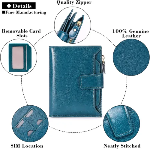 Vista 5 de FALAN MULE - Cartera de cuero auténtico para mujer, pequeña plegable , compacta, con interferencia de radiofrecuencia (RFID)