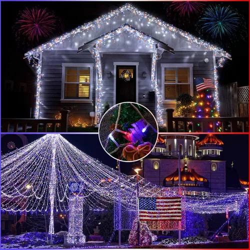 Vista 5 de Luces decorativas patrióticas del 4 de julio, tira de luces rojas, blancas y azules para interiores, 200 LED de 66 pies al aire libre, 8 modos