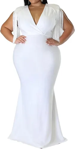 Vista 2 de Vestido ajustado de talla grande para mujer, elegante, manga con borlas, sexy, cuello en V, vestido largo para fiesta de noche