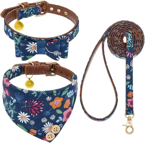 Vista 18 de EXPAWLORER Juego de collar y correa para cachorros, collar clásico a cuadros para perros pequeños con corbatín, bonito juego de collar y correa