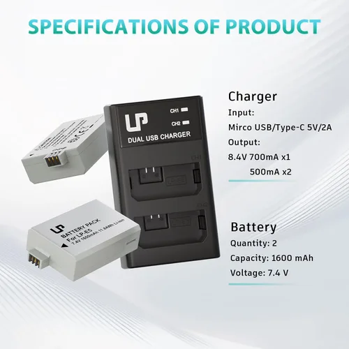 Vista 6 de LP Paquete de batería y cargador LP-E5, paquete de 2 baterías de repuesto LP E5 de 1600 mAh y cargador de doble ranura USB para Canon EOS Rebel XS