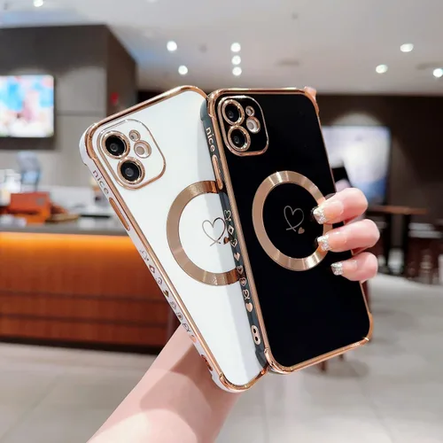 Vista 4 de Funda compatible con Magsafe para iPhone 11, diseño electrochapado con patrón de corazón de amor, TPU suave, a prueba de golpes, protección completa