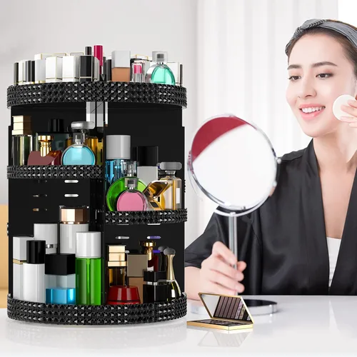 Vista 3 de Organizador de maquillaje negro con rotación de 360 grados, 7 niveles de gran capacidad, organizador de cosméticos acrílico, organizador