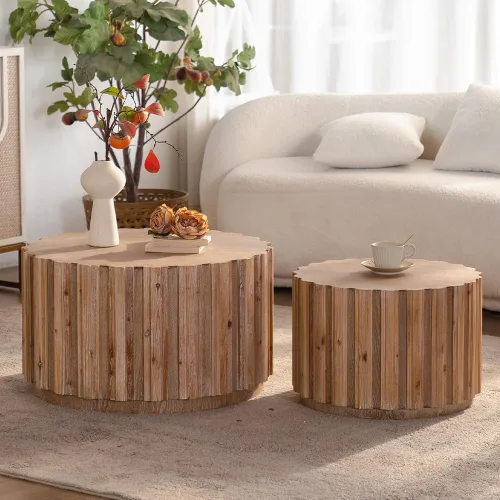 Vista 4 de WILLIAMPSACE - Juego de 2 mesas auxiliares redondas anidables, mesas centrales de madera rústica con cuerpo de listones verticales, mesa de té