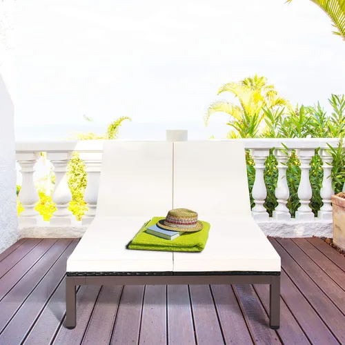 Vista 9 de DORTALA Silla reclinable de ratán para 2 personas con ruedas y cojín, sillón de mimbre doble con respaldo ajustable, juego de conversación de Blanco
