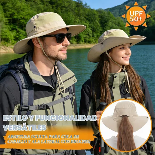 Vista 2 de Cooling Sun Bucket Hat, UPF 50+ Wide Brim Boonie Hat with Ponytail Hole 01 Beige