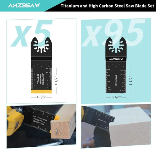Vista 2 de AMZBSAW 100 hojas de sierra de titanio y acero de alto carbono para madera, metal y plástico, kits de cuchillas de liberación rápida, kit
