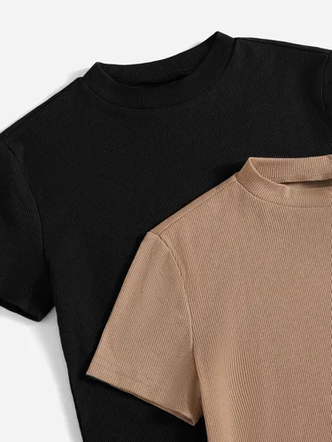Vista 3 de Verdusa Paquete de 2 camisetas básicas de manga corta con cuello alto falso para mujer
