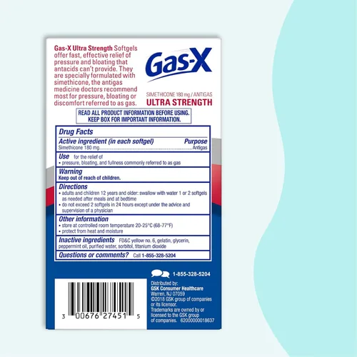 Vista 9 de Gas-X Cápsulas blandas de alivio de gases ultra fuertes con simeticona, 180 mg para aliviar la hinchazón, 50