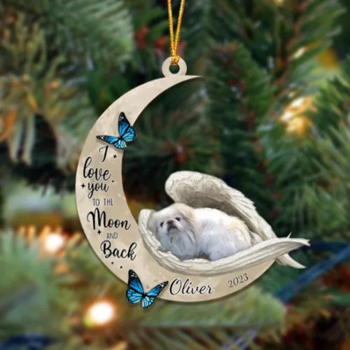 Vista 49 de Adorno colgante personalizado de ángel durmiendo en la luna, perro sabueso afgano, nombre personalizado, acrílico impreso en 2D plano – cumpleaños