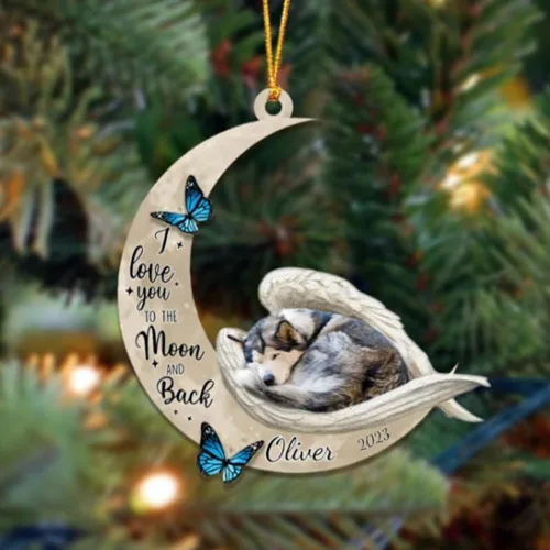 Vista 13 de Adorno colgante personalizado de ángel durmiendo en la luna, perro sabueso afgano, nombre personalizado, acrílico impreso en 2D plano – cumpleaños