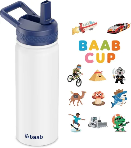 Vista 15 de baab Botella de agua para niños de 18 onzas, botella de agua aislada con popote y calcomanías, taza con popote de agua para niños de acero