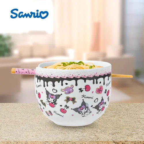 Vista 32 de Silver Buffalo Hello Kitty y sus amigos Chococat - Tazón de cerámica para ramen y arroz con palillos, patrón a cuadros, apto para microondas, 20