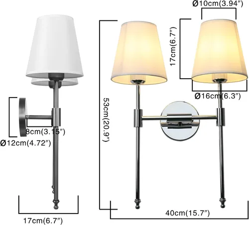 Vista 3 de PERMO Lámpara de pared doble clásica cromada 2 luces con pantalla de tela blanca acampanada para montaje en pared rústico