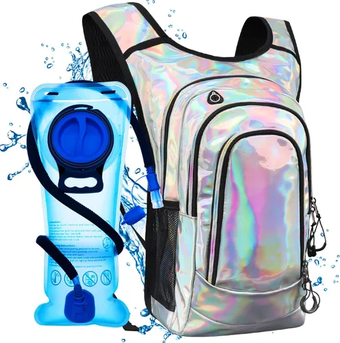 Vista 12 de Mochila de hidratación rave, paquete de hidratación para festivales con vejiga de agua de 2 L, mochila de agua ligera, bolsa de hidratación