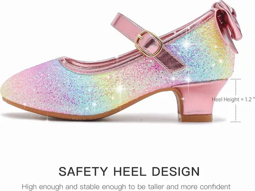 Vista 6 de Dufannie Zapatos de vestir para niñas, zapatos de tacón bajo de princesa, zapatos planos con purpurina para bodas y fiestas