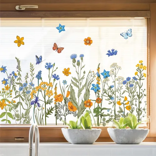 Vista 2 de Whaline 6 Hojas de Calcomanías de Ventana de Flores Silvestres de Verano Vintage Azul Naranja Acuarela de Doble Cara Reutilizables Florales
