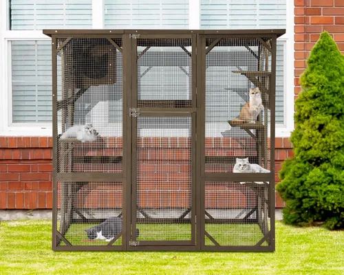 Vista 6 de Grepatio Casa grande para gatos de madera Catio para exteriores con resistente a la intemperie, jaula para gatos, corralito interior con plataforma