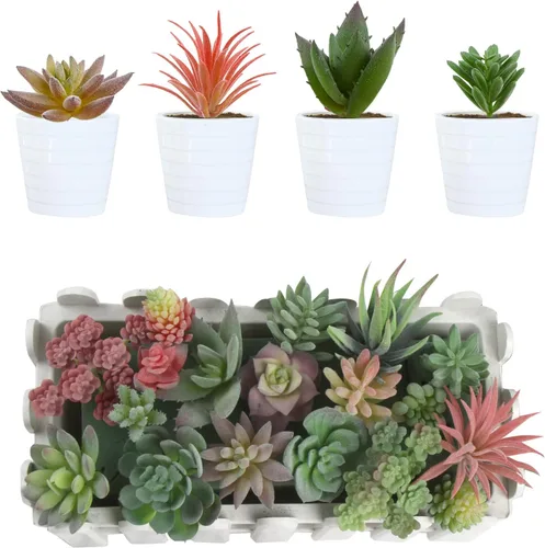 Vista 6 de CCINEE 18 plantas suculentas artificiales, mini surtido verde flocado falso Echeveria realista agave floral de loto sintético para paisaje, jardín